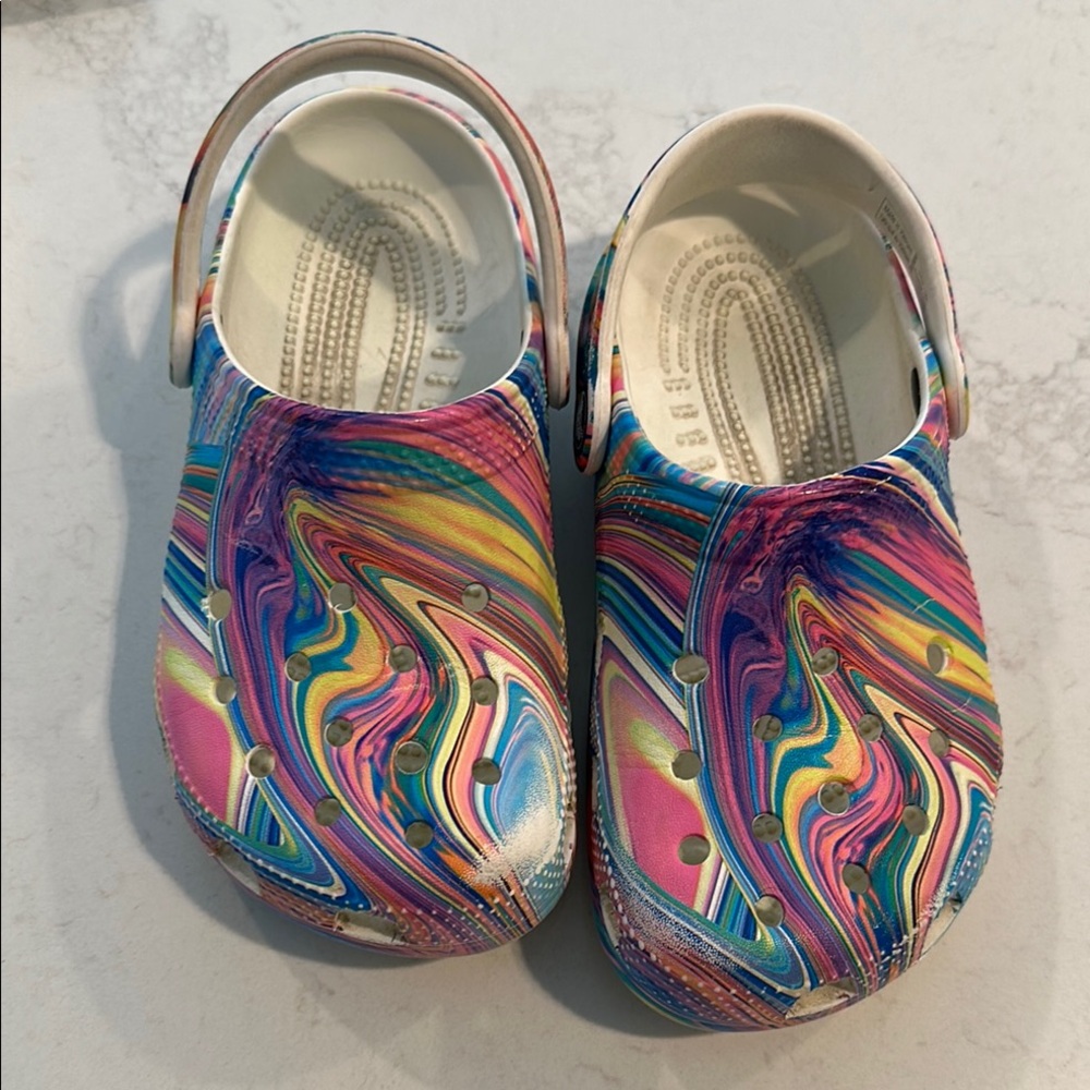 CROCS Pink and Blue Sandals Vibrant Artistic Design
